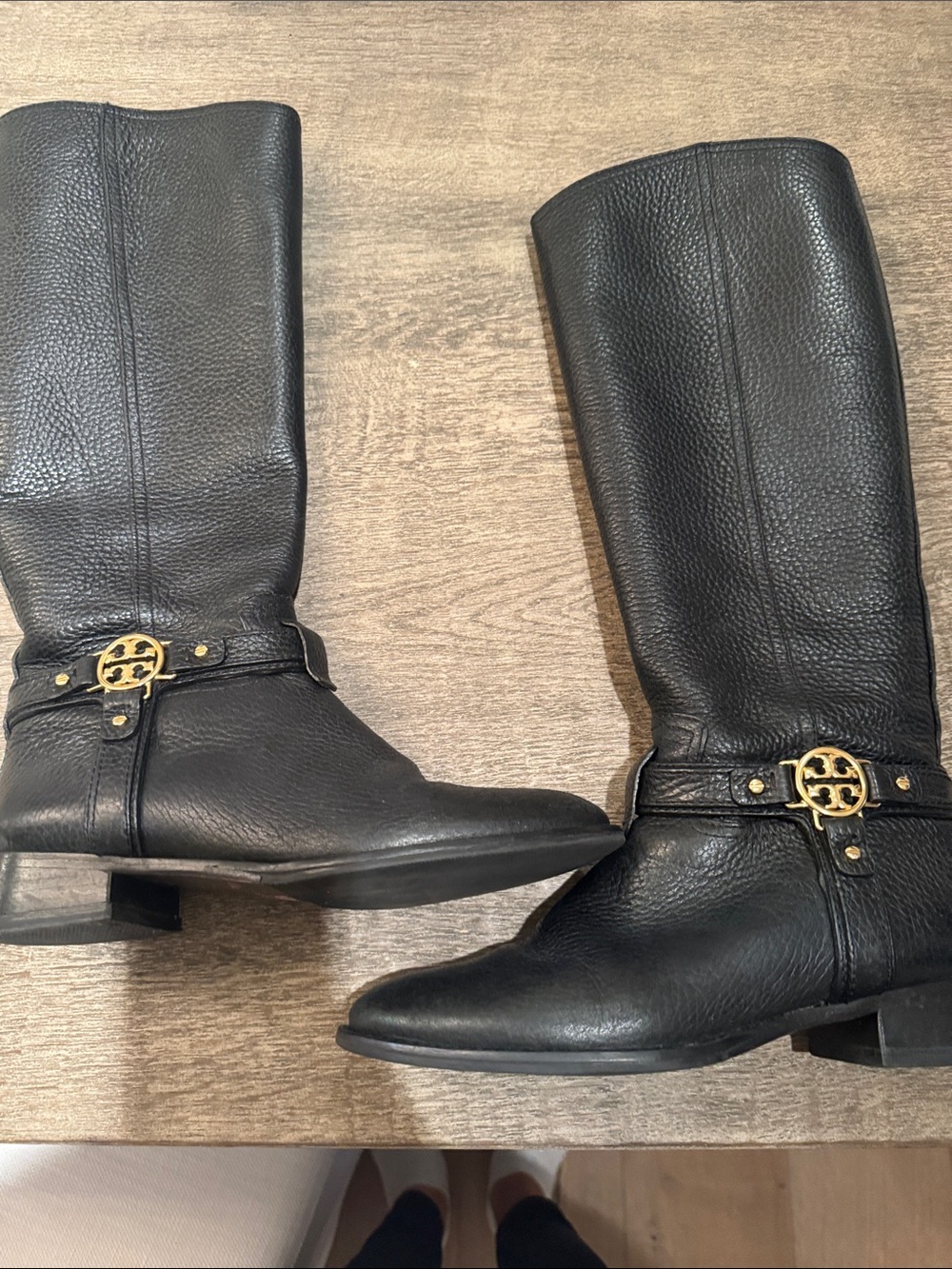 Tory Burch Black Leather Over-the-Knee Boots with Gold Logo